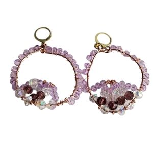 18K Gold Plated Purple Clear Glass Beads Faceted Huggie Hoop Earrings